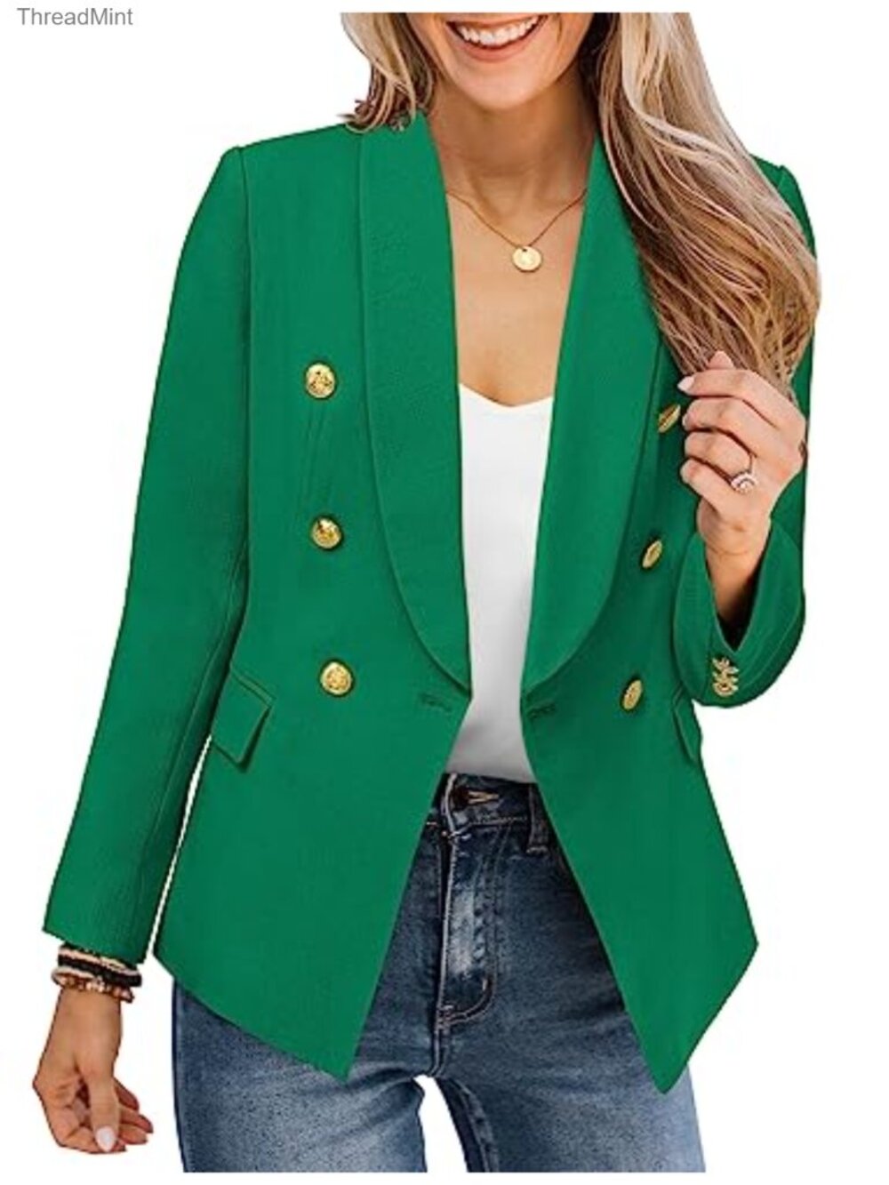 Womens Casual Blazer Jacket Gold Button Long Sleeve Work Office Suit Jacket